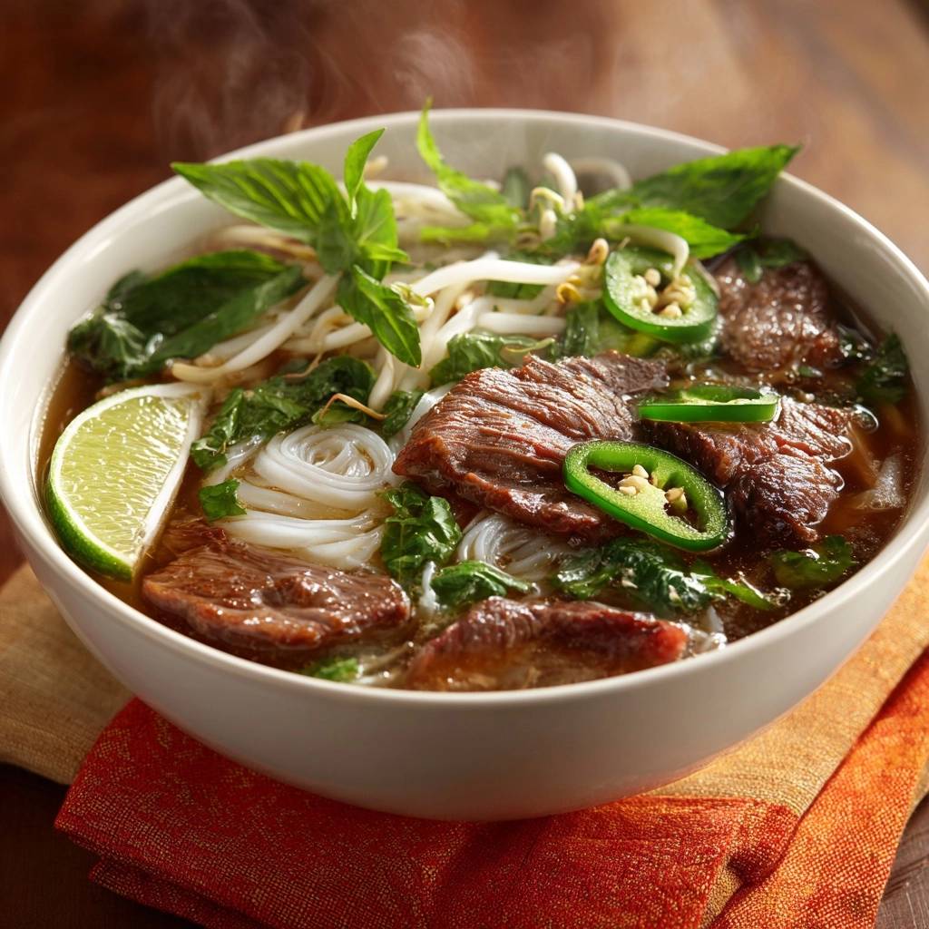 Pho Bo Vietnamesische Rindersuppe Nahaufnahme 1 Pho Bo, vietnamesische Rindersuppe, mit frischen Kräutern, Chili, Limette und Nudeln in einer Nahaufnahme serviert, dampfend heiß.
