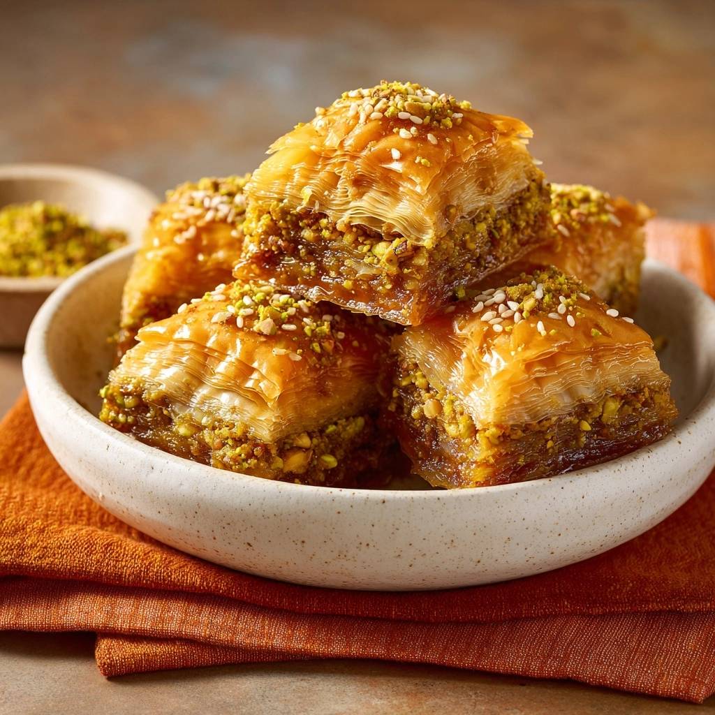 Pistazien Baklava Detail Nahaufnahme 1 Pistazien-Baklava als Nahaufnahme in einer Schale, detailreich mit Pistazien und Sesam bestreut.