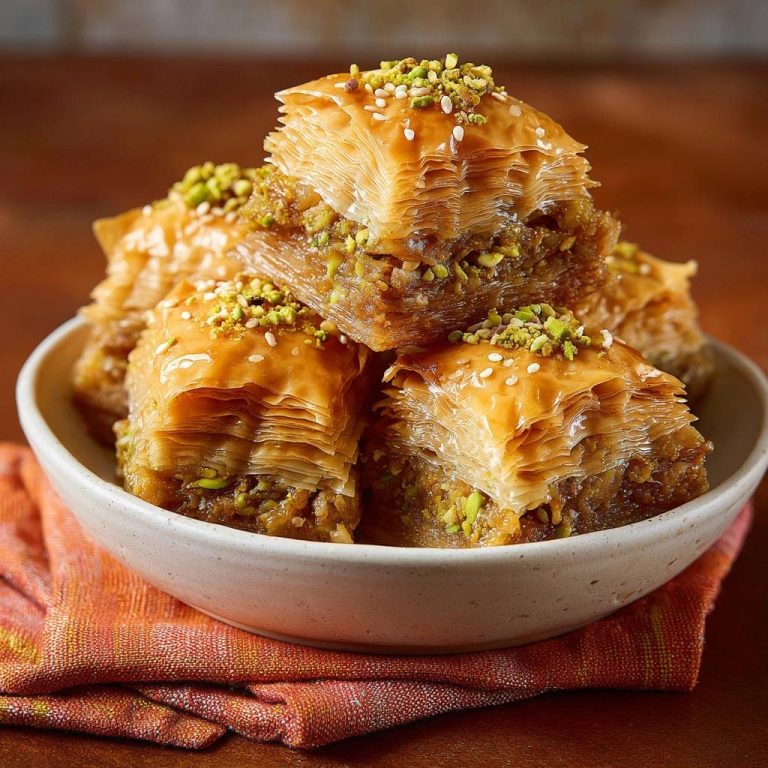 Pistazien-Baklava in einer Schüssel serviert, die köstliche Schichten aus Filoteig und Pistazien-Füllung zeigen. Ein süßer Genuss!