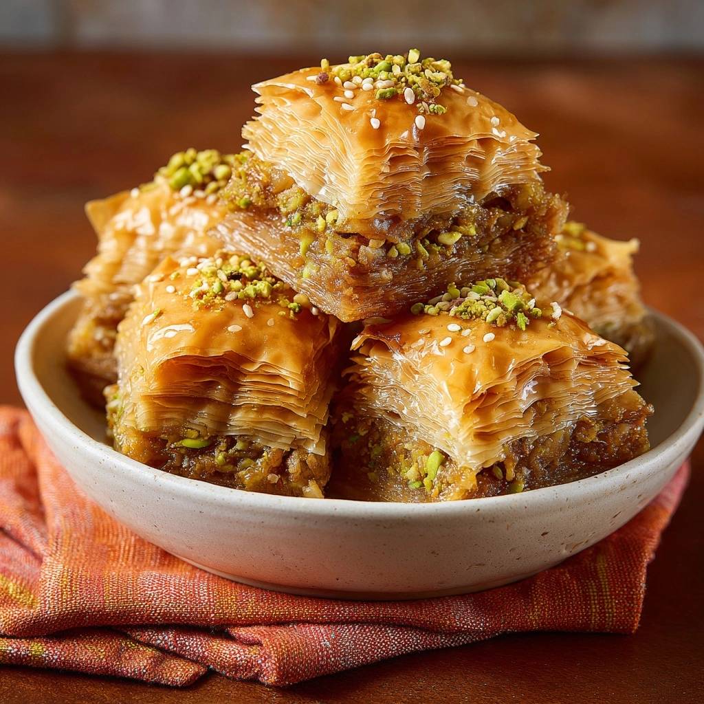 Pistazien-Baklava in einer Schüssel serviert, die köstliche Schichten aus Filoteig und Pistazien-Füllung zeigen. Ein süßer Genuss!