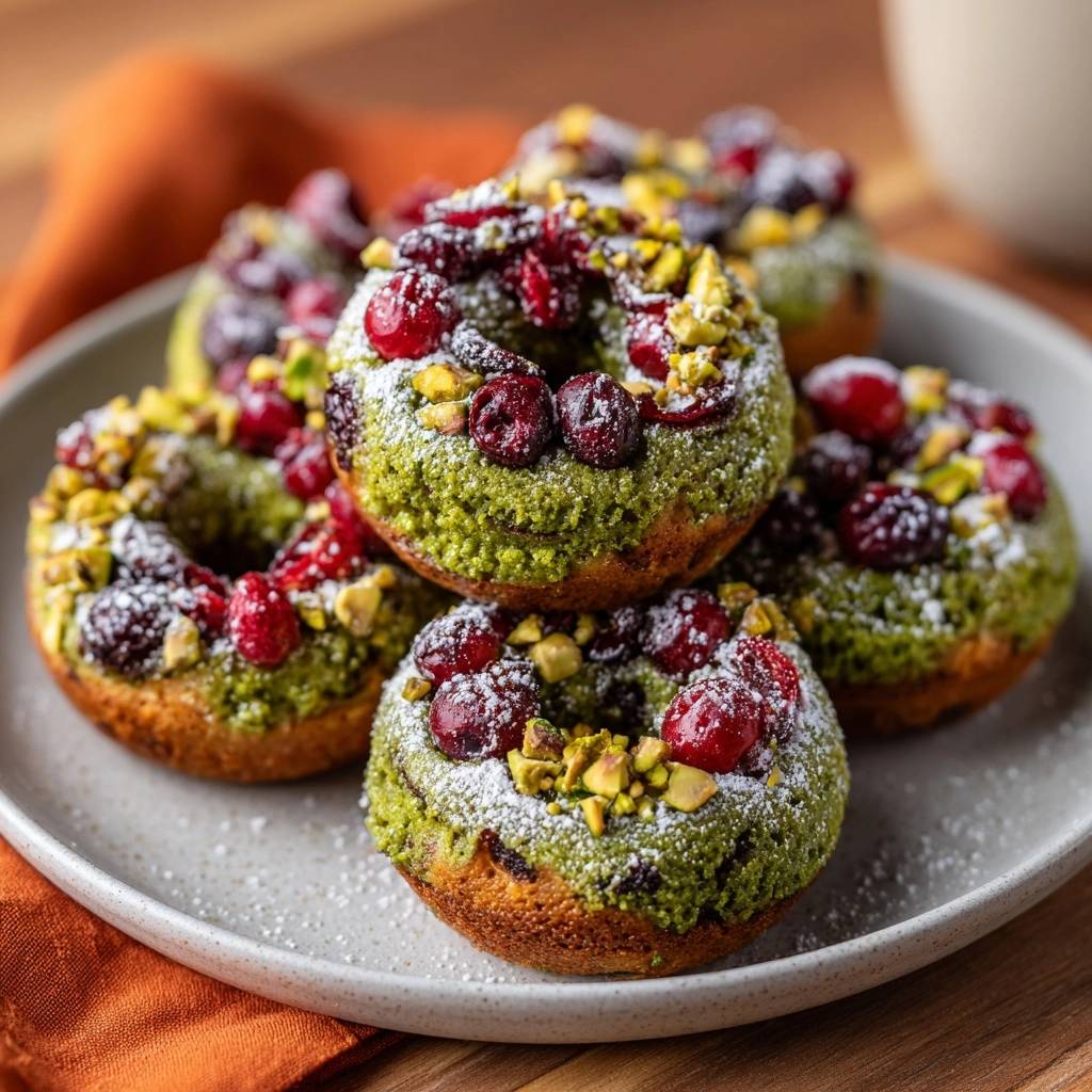 Pistazien-Cranberry-Donuts, serviert auf einem hellen Teller, mit grüner Glasur, Cranberries und Pistazien dekoriert und mit Puderzucker bestäubt.