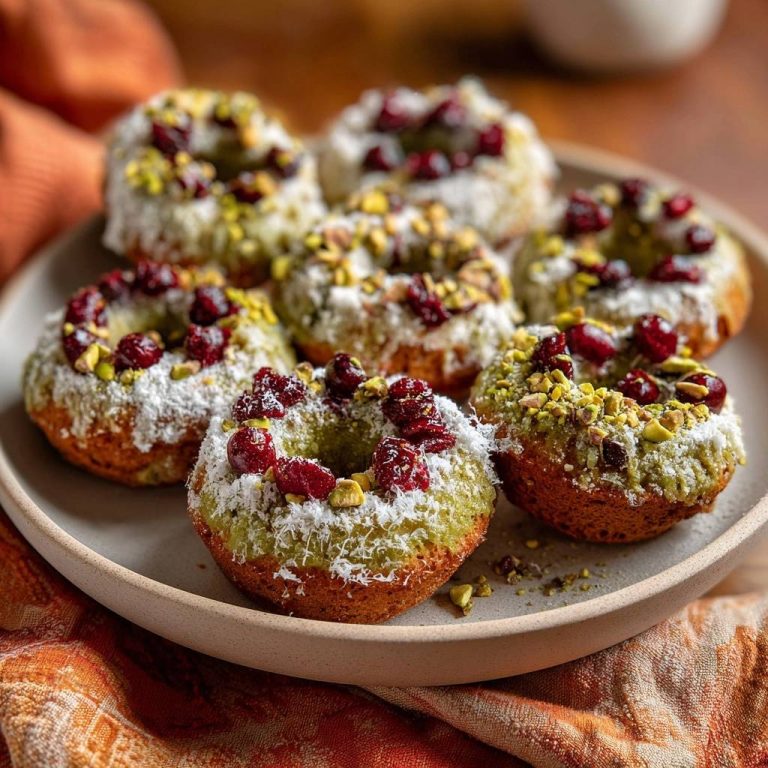 Pistazien-Cranberry-Donuts, serviert auf einem hellen Teller, garniert mit Pistazien und Cranberries, bieten einen appetitlichen Anblick.