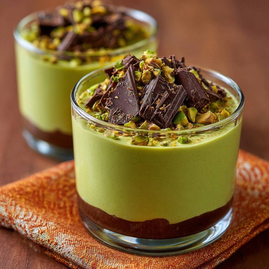 Pistazien Schokoladen Mousse Im Glas Nahaufnahme 1 Pistazien-Schokoladen-Mousse im Glas: Eine Nahaufnahme zeigt die cremige Textur mit Schokoladenstückchen und Pistazien als Topping.