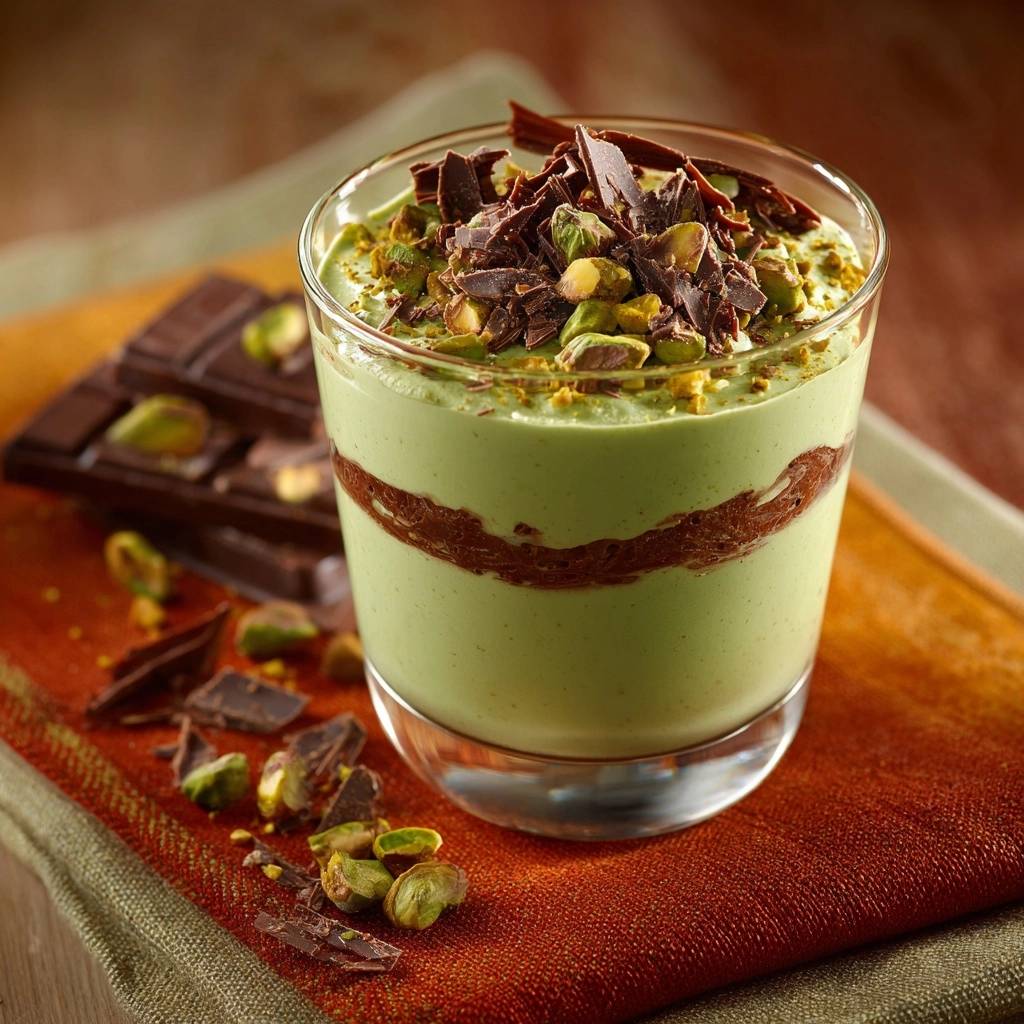 Pistazien-Schokoladen-Mousse im Glas: Eine Nahaufnahme zeigt die cremige Textur mit Schokoladenstückchen und Pistazien als Topping.