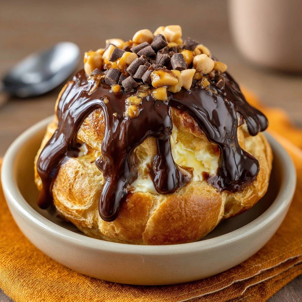 Profiteroles mit Vanilleeis, Schoko und Erdnüssen in einer Nahaufnahme, überzogen mit glänzender Schokoladensauce und Erdnüssen.