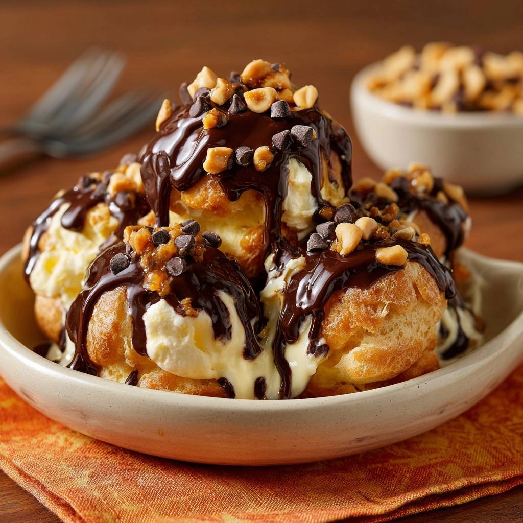 Profiteroles mit Vanilleeis, Schoko und Erdnüssen in Nahaufnahme: Schokoladensauce tropft über gefüllte Windbeutel, garniert mit Erdnüssen.