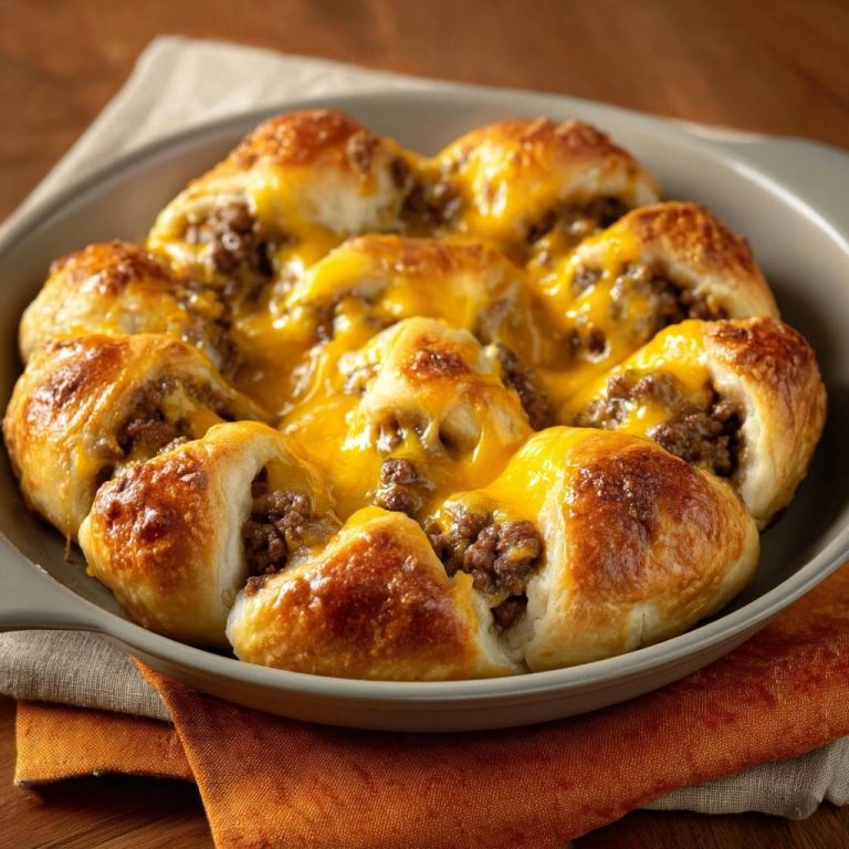 Pull-Apart Hack-Käse-Brötchen, eine Nahaufnahme von oben, zeigt goldbraune Brötchen gefüllt mit Hackfleisch und geschmolzenem Käse.