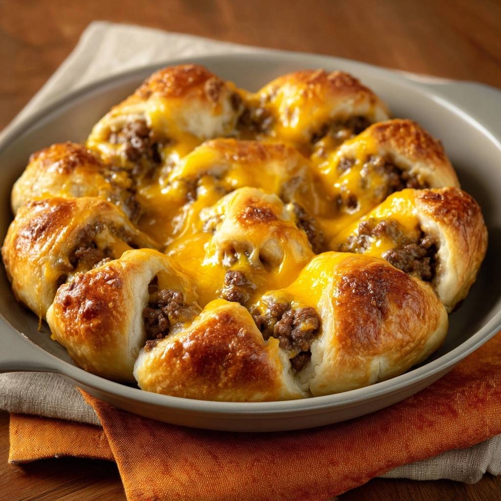 Pull-Apart Hack-Käse-Brötchen, eine Nahaufnahme von oben, zeigt goldbraune Brötchen gefüllt mit Hackfleisch und geschmolzenem Käse.