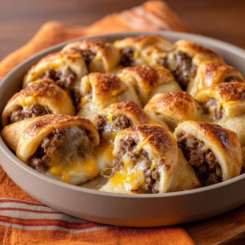 Pull Apart Hack Kase Brotchen Nahaufnahme 1 Pull-Apart Hack-Käse-Brötchen in Nahaufnahme: Die saftige Füllung aus Hackfleisch und geschmolzenem Käse quillt verführerisch heraus.