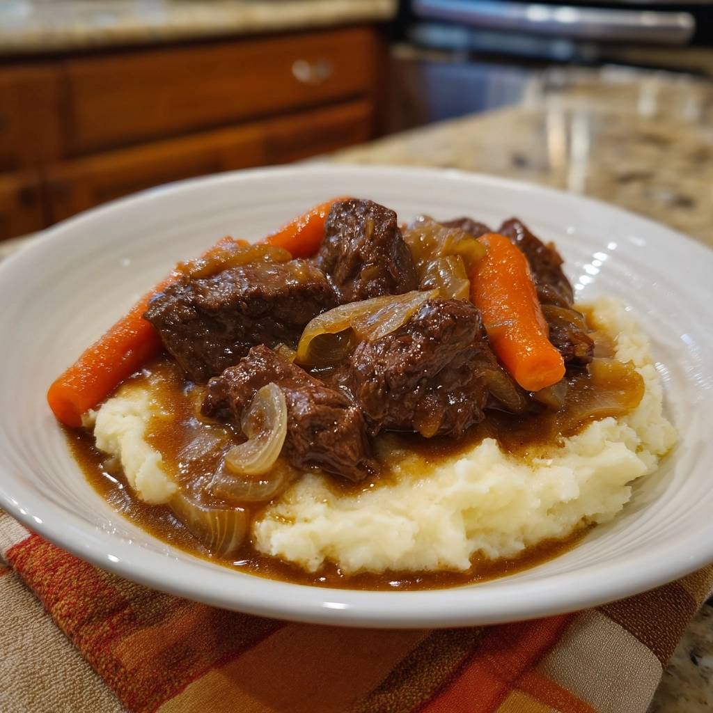 Butterzartes Rindergulasch mit Karotten und Zwiebeln auf Püree, serviert in einer Schüssel mit Nahaufnahme des saftigen Fleisches