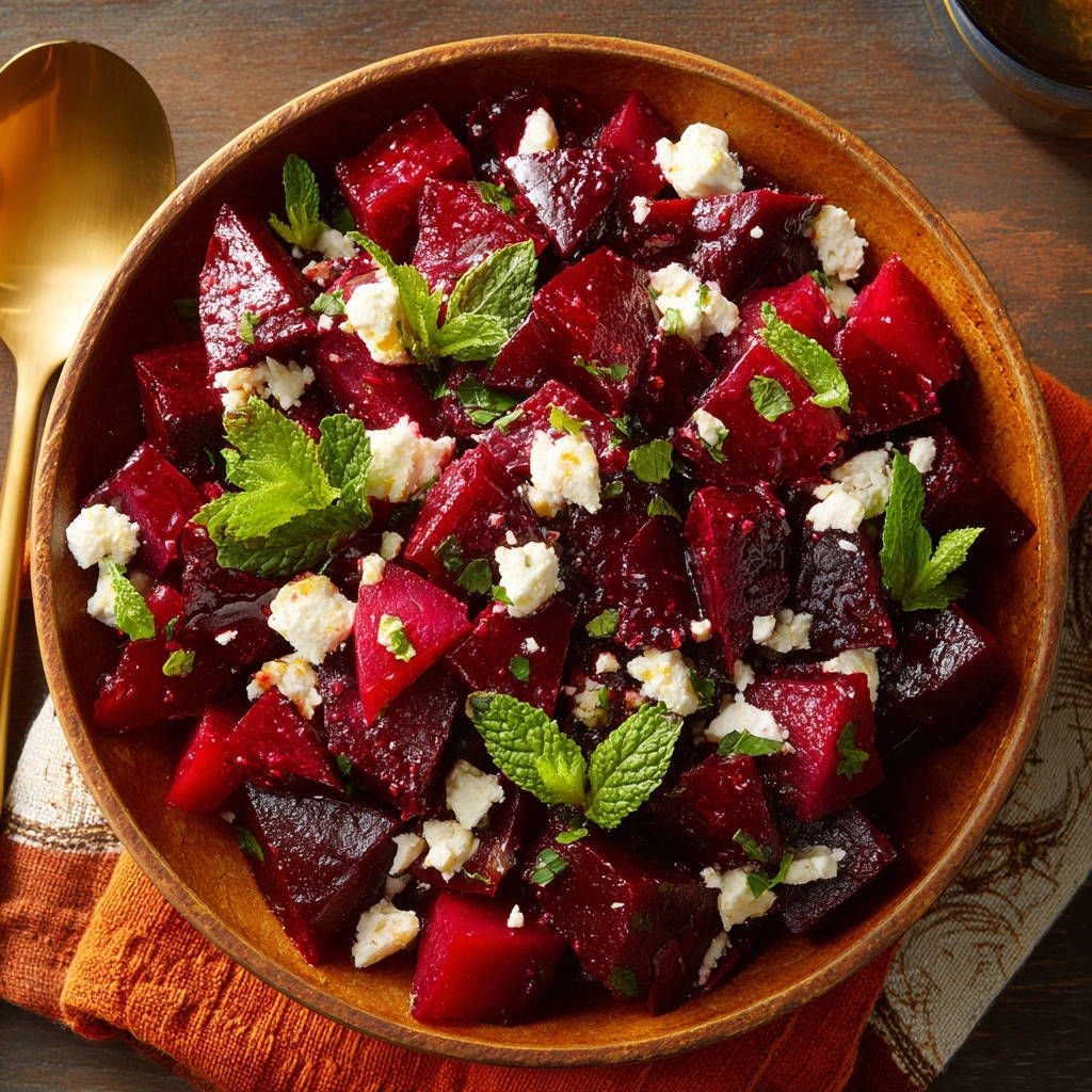 Rote Bete Feta Salat Mit Minze Draufsicht 1 Rote Bete Feta Salat mit Minze, serviert in einer Holzschale, mit frischer Minze und cremigem Feta-Käse von oben betrachtet.