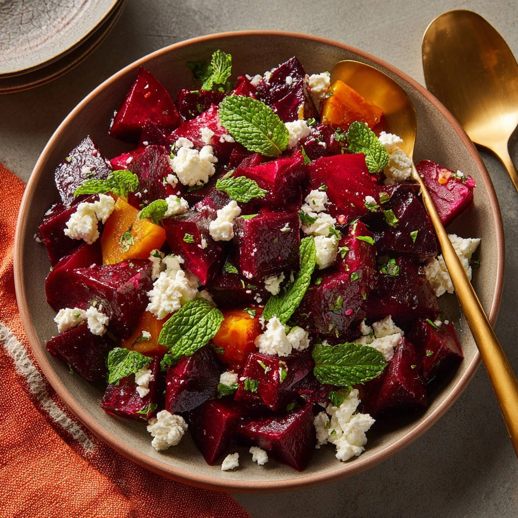 Rote Bete Feta Salat mit Minze, serviert in einer rustikalen Schüssel, garniert mit frischer Minze und cremigem Feta-Käse.