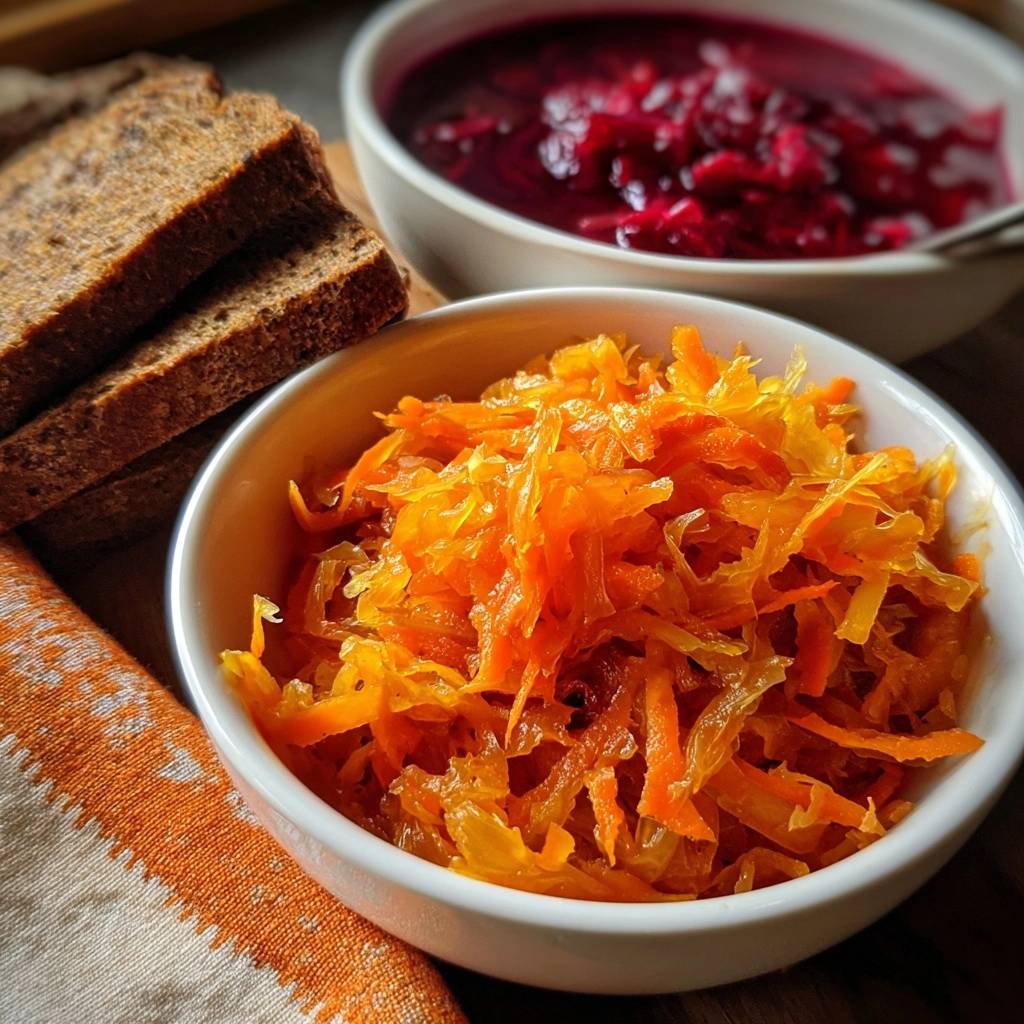 Knackiger Rote-Bete-Krautsalat als Nahaufnahme in einer weißen Schüssel mit geriebenen Karotten daneben.