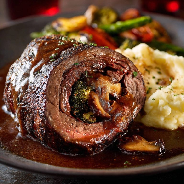 Rouladen Klassiker zeigt einen detailreichen Querschnitt mit Fleisch, Gemüse und köstlicher Soße auf einem Teller serviert.