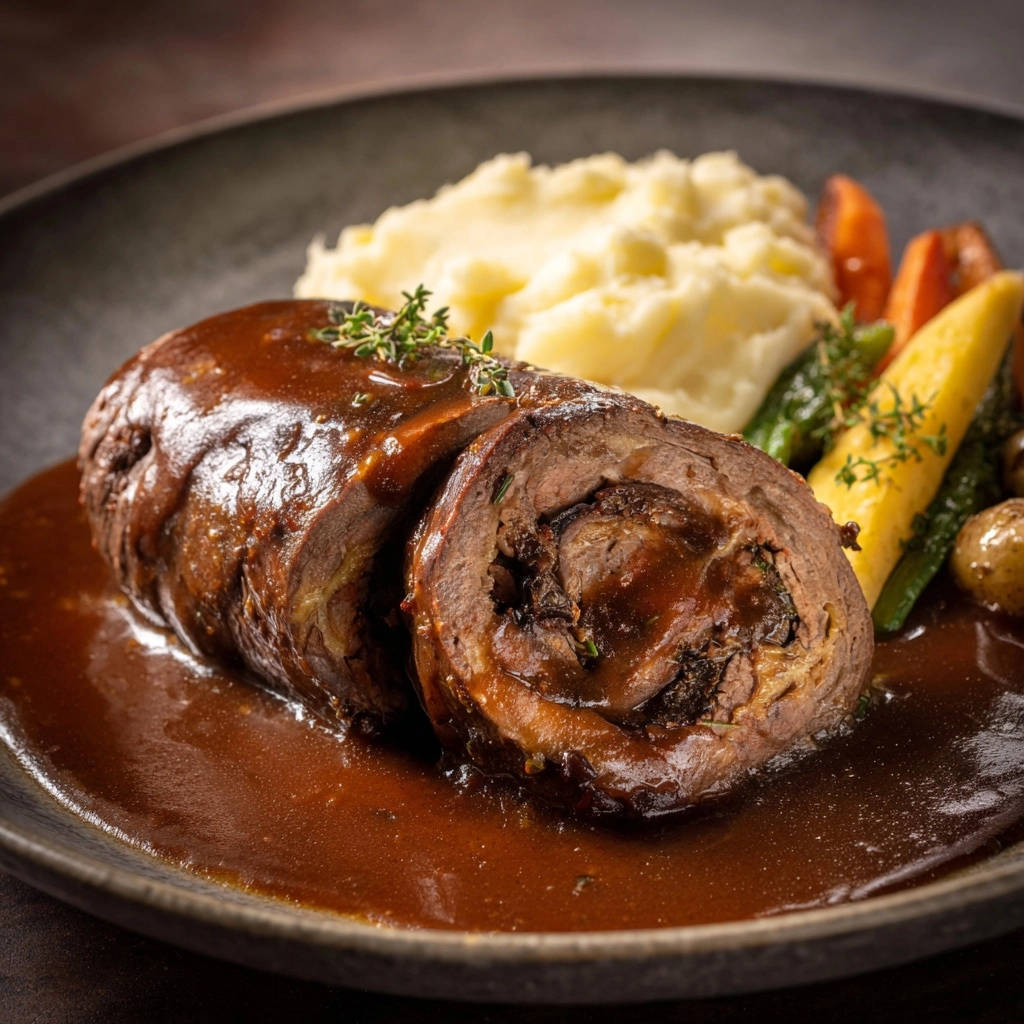 Rouladen Klassiker Querschnitt Serviert 1 Rouladen Klassiker präsentiert mit einer Nahaufnahme des aufgeschnittenen Fleischstücks, das eine köstliche Füllung zeigt, serviert mit Beilagen.