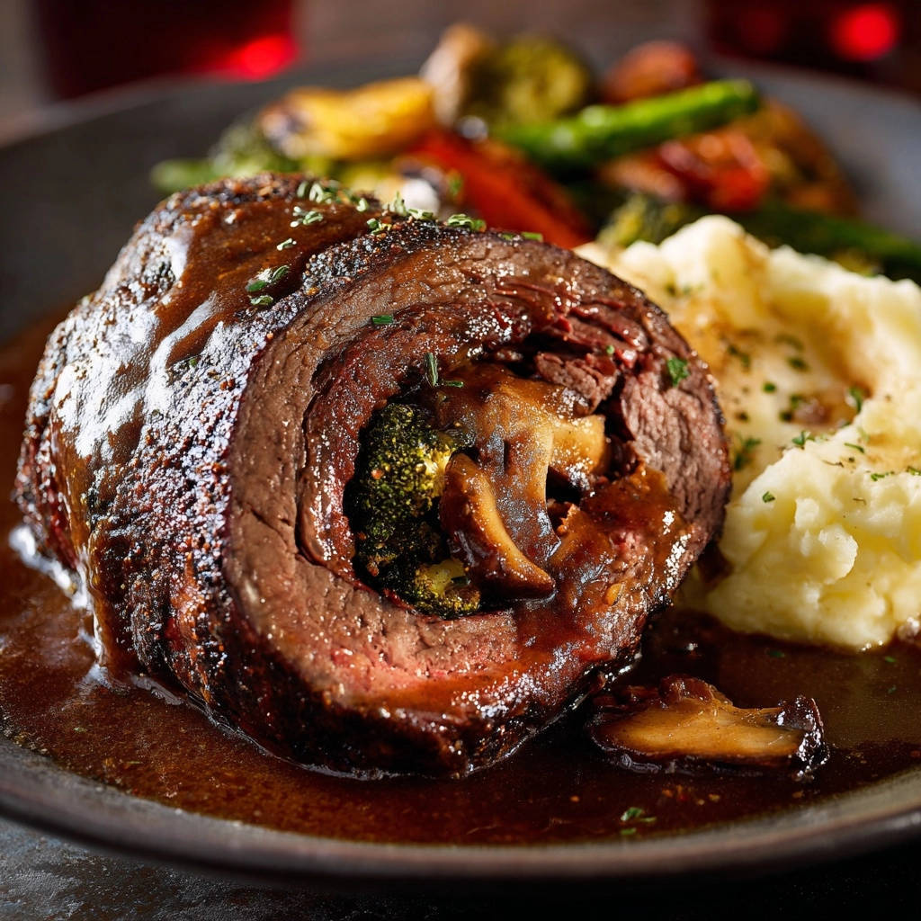 Rouladen Klassiker zeigt einen detailreichen Querschnitt mit Fleisch, Gemüse und köstlicher Soße auf einem Teller serviert.