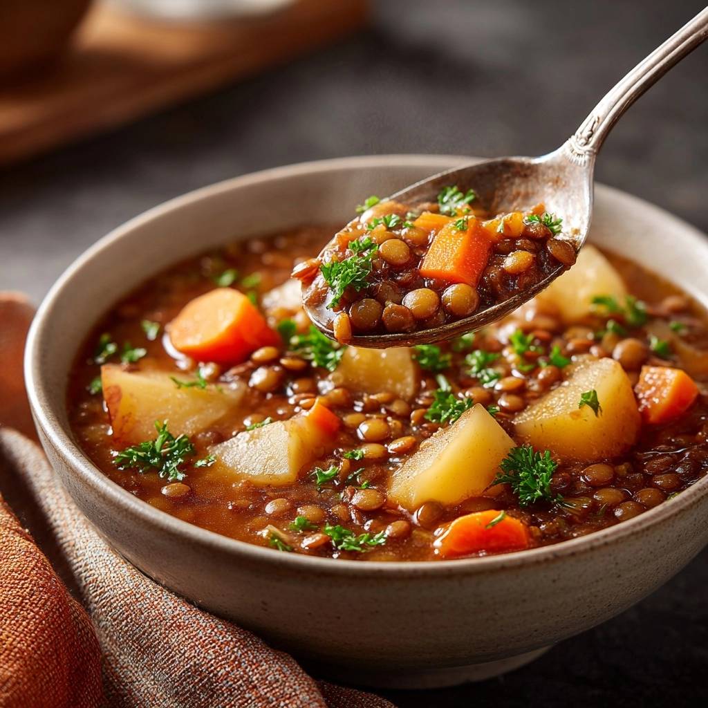 Rustikaler Linseneintopf Mit Kartoffeln Und Karotten Lffel N 1 Rustikaler Linseneintopf mit Kartoffeln und Karotten, serviert in einer Schüssel. Ein Löffel voll Eintopf wird in Nahaufnahme gezeigt.