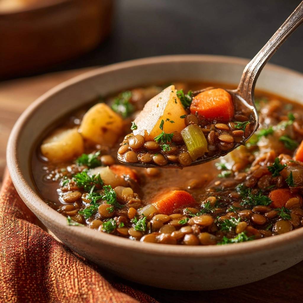 Rustikaler Linseneintopf mit Kartoffeln und Karotten in Nahaufnahme, serviert in einer rustikalen Schüssel, mit einem Löffel voll Suppe.
