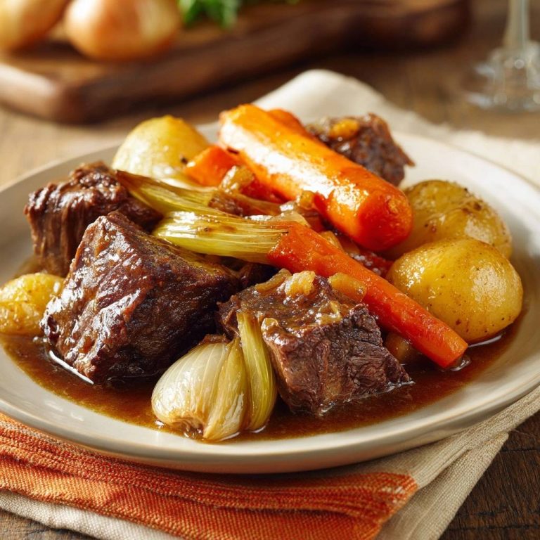 Rustikales Rindergulasch mit Lauch und Perlenzwiebeln, serviert auf einem Teller mit Karotten, Kartoffeln und Zwiebeln, in einer köstlichen Brühe.