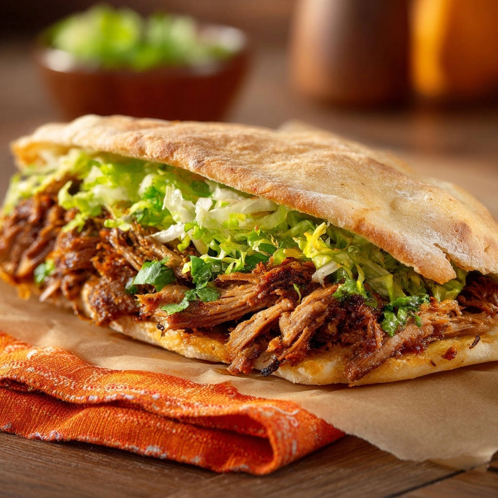 Saftige Doener Pita Querschnitt 1 Saftige Döner-Pita im Nahaufnahme-Querschnitt, gefüllt mit zartem Fleisch und frischem Salat, serviert auf einem Holztisch.