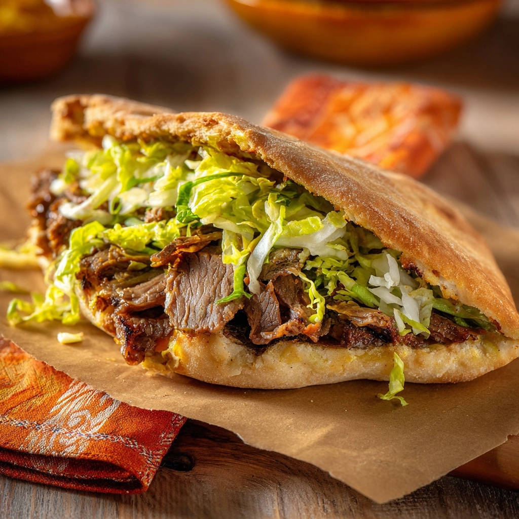 Saftige Döner-Pita im Nahaufnahme-Querschnitt, gefüllt mit Fleisch und frischem Salat, serviert auf Backpapier. Ein aromatisches Mittagessen.