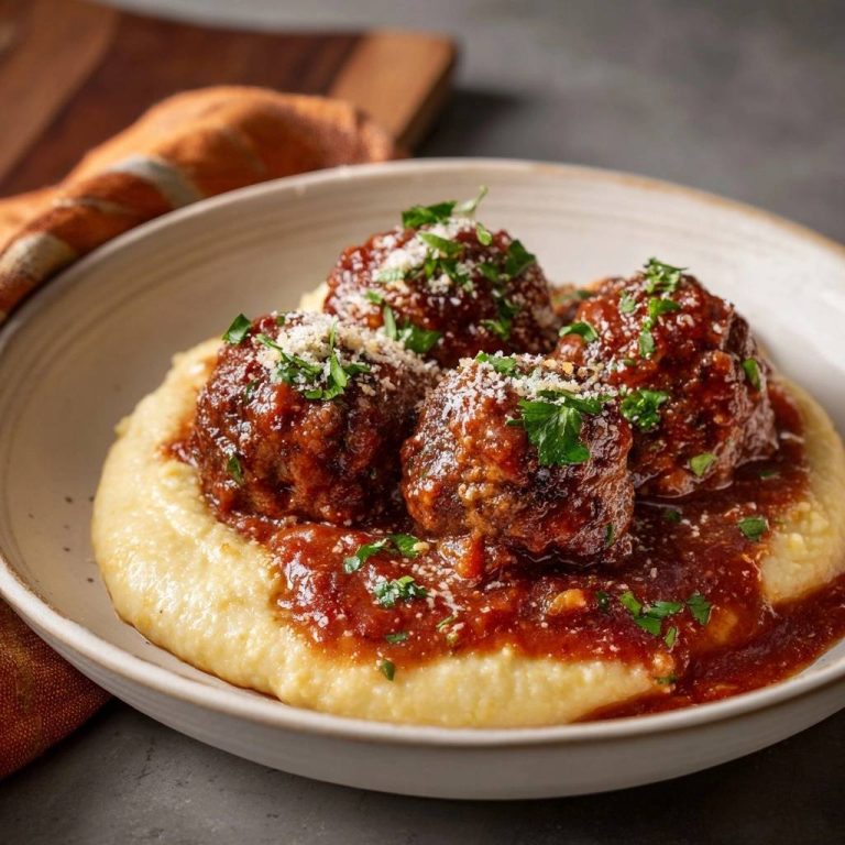 Saftige Hackbällchen auf cremiger Polenta, Nahaufnahme der servierten Portion mit Petersilie und Parmesan garniert.