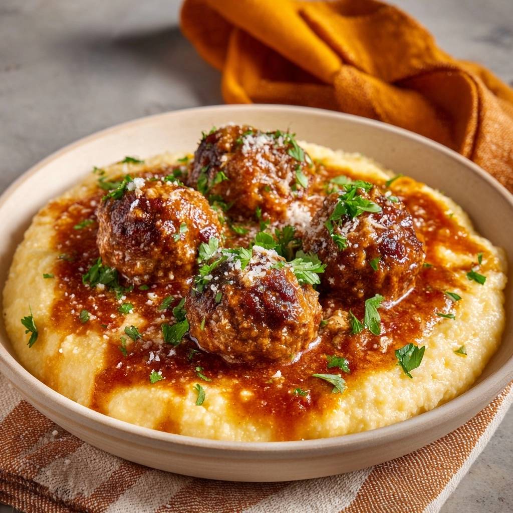 Saftige Hackbllchen Polenta Nahaufnahme Garniert 1 Saftige Hackbällchen auf cremiger Polenta, nahaufnahme mit frischer Petersilie und Parmesan garniert und in Sauce serviert.