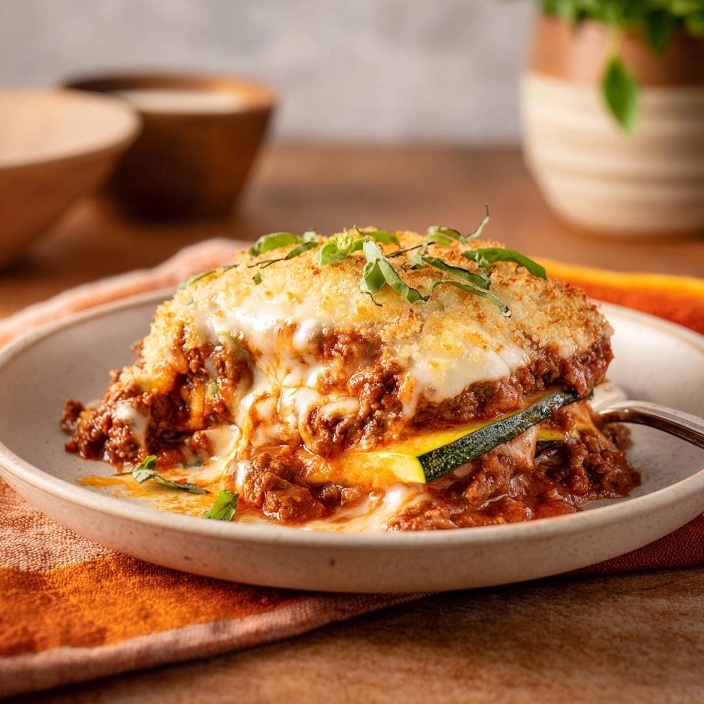 Saftige Zucchini-Lasagne im Anschnitt: Man sieht die geschichtete Zucchini, das Fleisch und den geschmolzenen Käse. Das Low-Carb Gericht wird auf einem Teller serviert.