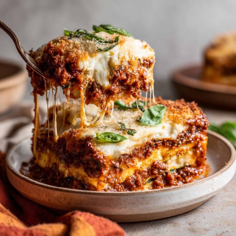 Saftige Zucchini-Lasagne: Nahaufnahme eines servierten Stücks mit geschmolzenem Käse, der sich zieht und mit frischem Basilikum garniert ist.