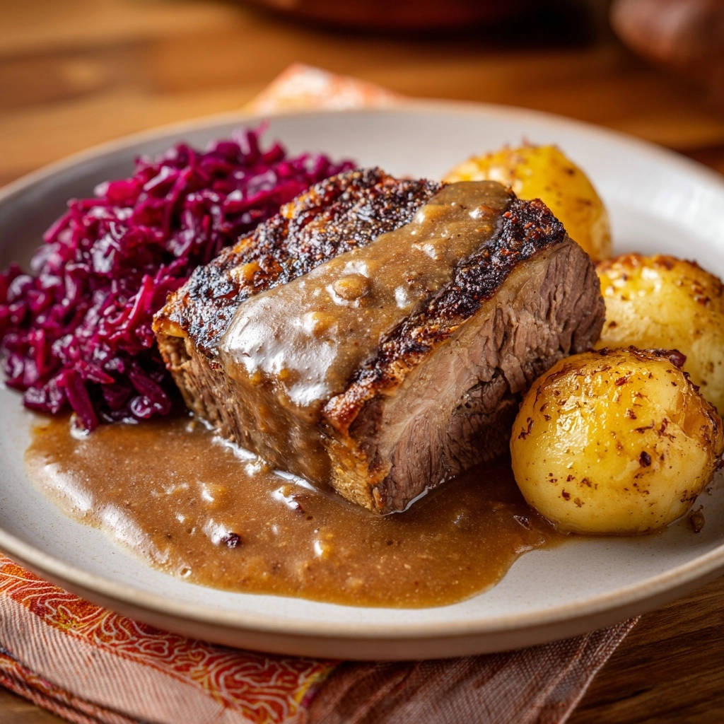 Saftiger Festtagsbraten Mit Rotkohl Serviert 1 Saftiger Festtagsbraten mit Rotkohl serviert auf einem Teller, bedeckt mit dunkler Bratensauce, neben Rotkohl und Kartoffeln.