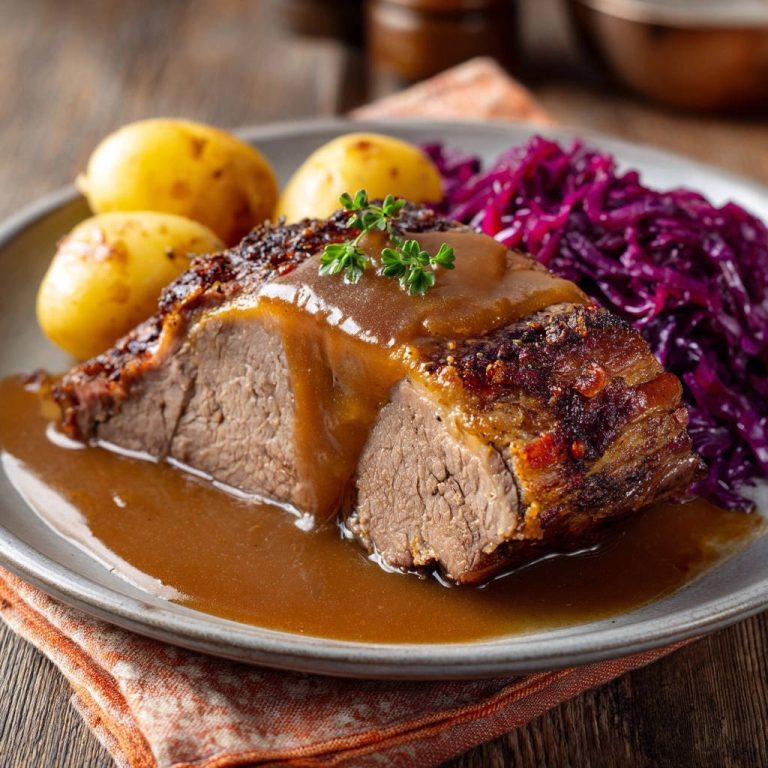 Saftiger Festtagsbraten mit Rotkohl und Kartoffeln serviert, mit Anschnitt des perfekt gebratenen Bratens und köstlicher Sauce.