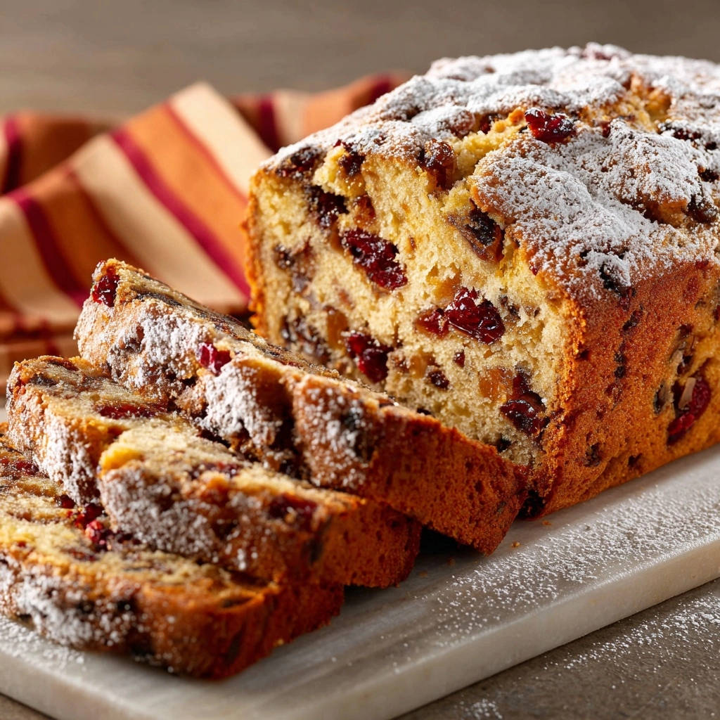 Saftiger Früchte-Kuchen in Nahaufnahme, mit Blick auf die saftige Innenseite und die Früchte. Die frisch gebackenen Scheiben sind mit Puderzucker bestäubt.