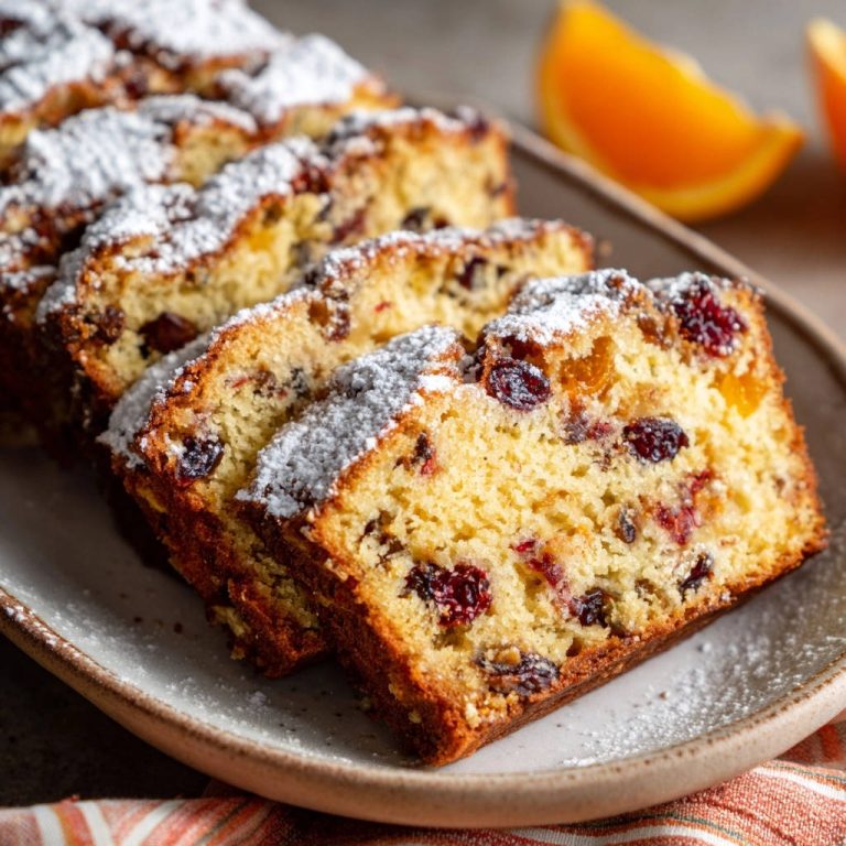 Saftiger Früchte-Kuchen in Nahaufnahme, angeschnitten und mit Puderzucker bestäubt. Die saftige Textur mit Früchten ist deutlich zu sehen.