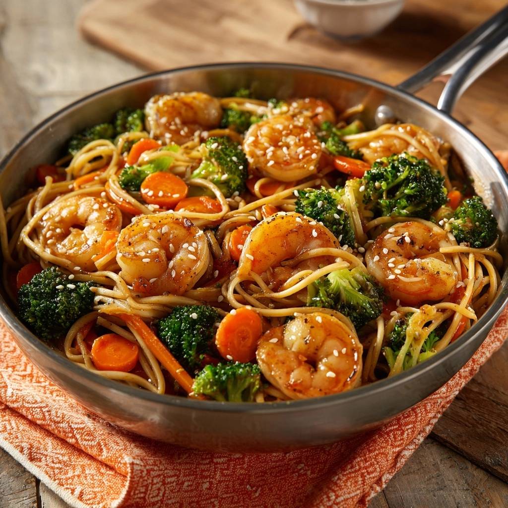 Saftiger Garnelen Wok Mit Brokkoli Nudeln Nahaufnahme 1 Saftiger Garnelen-Wok mit Brokkoli-Nudeln in einer Nahaufnahme, der die Sesamkörner auf den gebratenen Garnelen und dem Gemüse zeigt.
