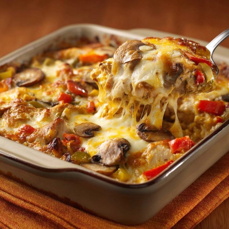 Saftiger Hähnchen-Pilz-Paprika-Auflauf serviert auf einem Löffel mit geschmolzenem Käse und frischen Pilzen. Ein herzhaftes Gericht zum Genießen.