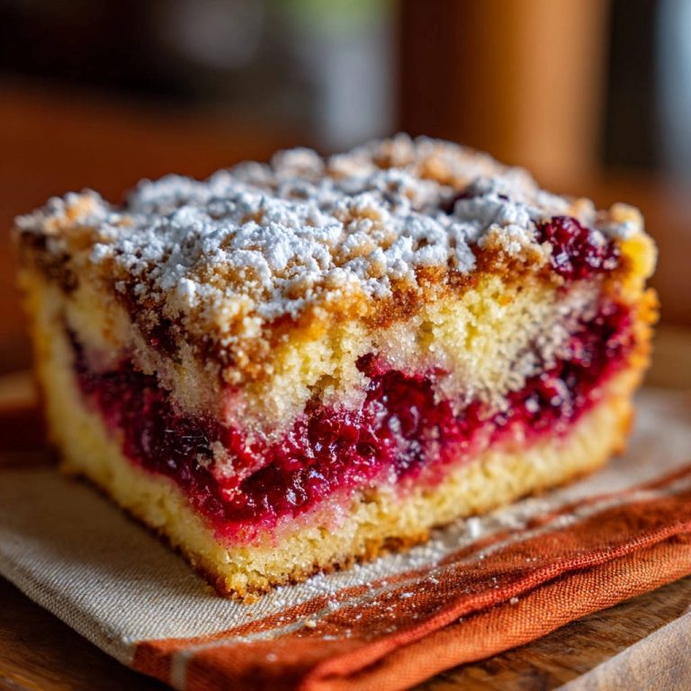 Saftiger Himbeer-Streuselkuchen im Anschnitt, der die fruchtige Himbeerfüllung und den knusprigen Streuseltopping zeigt.