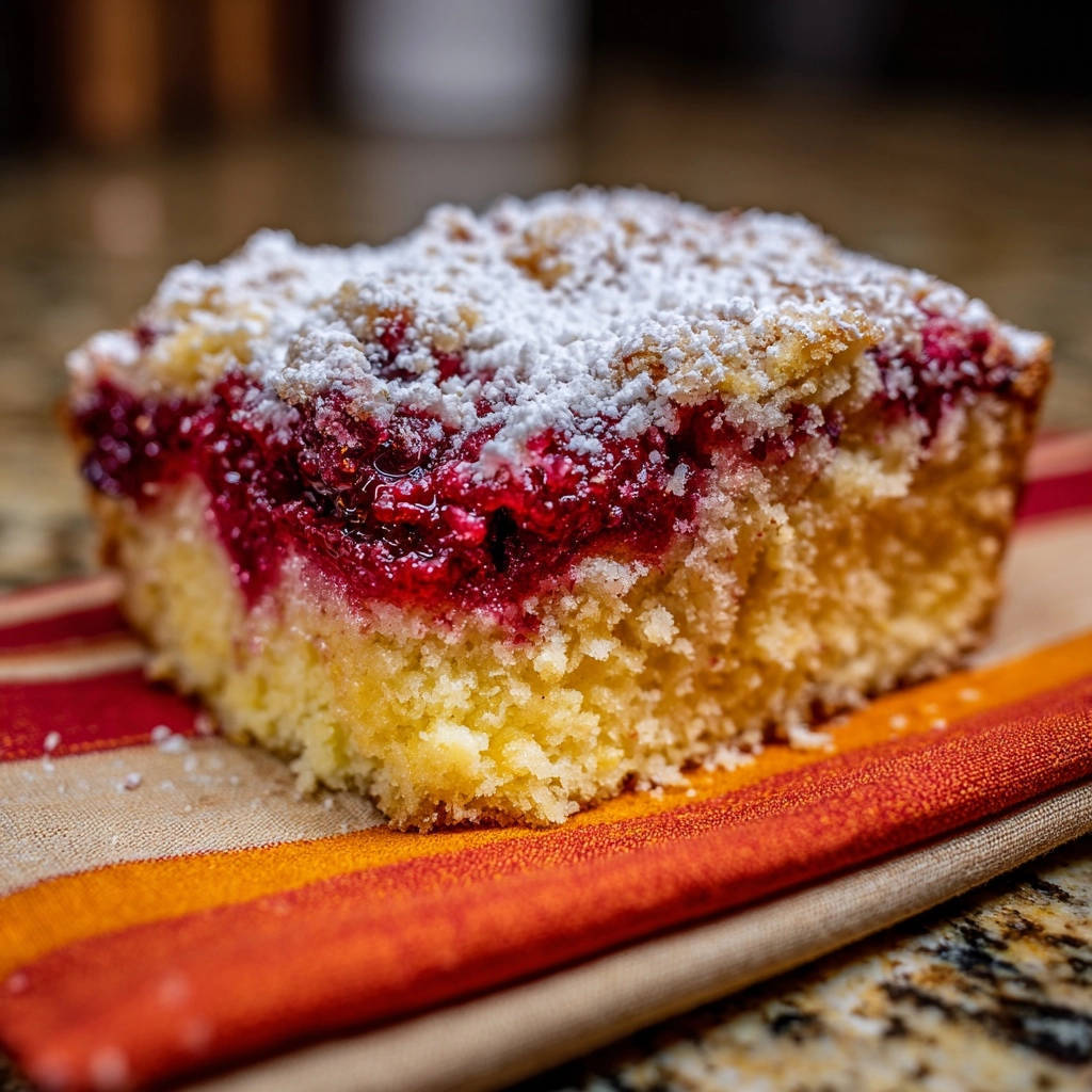 Saftiger Himbeer Streuselkuchen Querschnitt Nahaufnahme 1 Saftiger Himbeer-Streuselkuchen im Nahaufnahme-Querschnitt, der die fruchtige Himbeerschicht und den fluffigen Teig zeigt, perfekt für den Genuss.