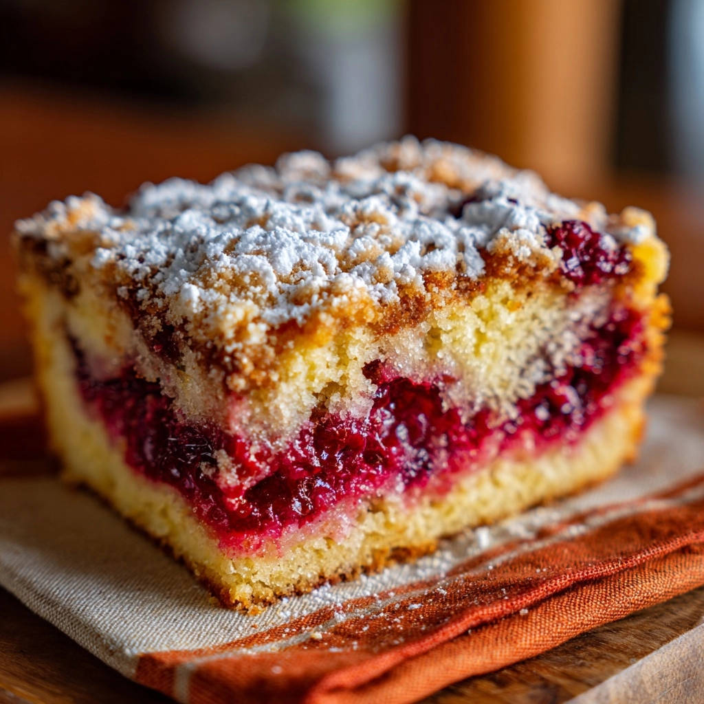 Saftiger Himbeer-Streuselkuchen im Anschnitt, der die fruchtige Himbeerfüllung und den knusprigen Streuseltopping zeigt.