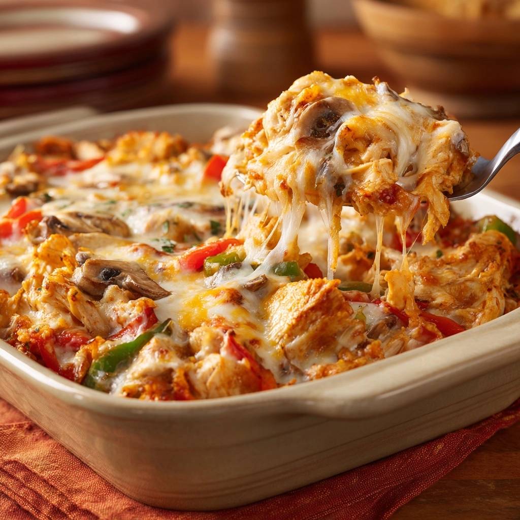 Saftiger Huhn Pilz Paprika Auflauf Portion Auf Loeffel 1 Saftiger Hähnchen-Pilz-Paprika-Auflauf, serviert auf einem Löffel, mit geschmolzenem Käse, Paprika und Pilzen. Ein herzhaftes Gericht zum Genießen.