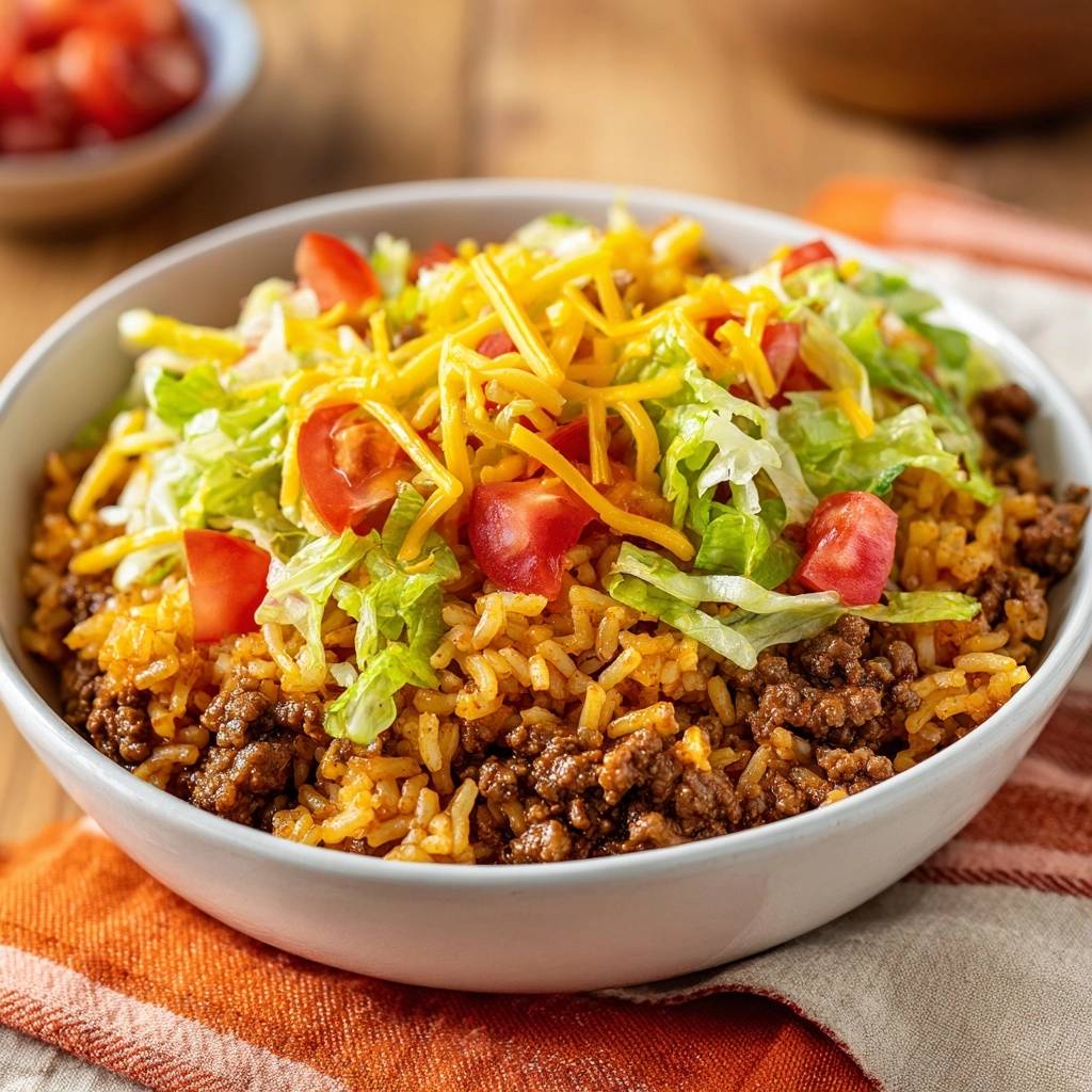 Saftiger Taco Bowl mit Hackfleisch, Reis, Salat, Tomaten und Käse, garniert und in einer Schüssel serviert.