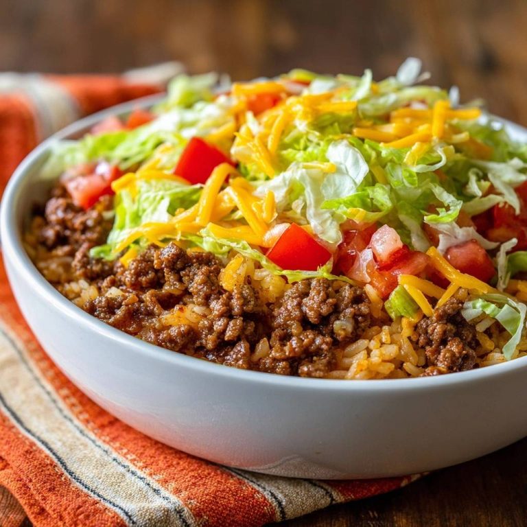 Saftiger Taco Bowl mit Hackfleisch, Reis, Tomaten, Salat und Käse in einer Nahaufnahme von der Seite.