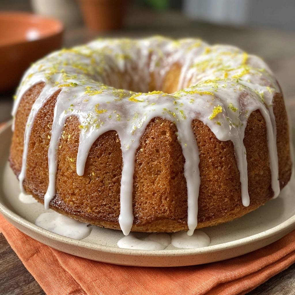 Saftiger Zitronen-Gugelhupf mit glanzvoller Glasur und Zitronenzesten dekoriert, präsentiert auf einem Teller. Der Kuchen ist frisch gebacken und perfekt glasiert.