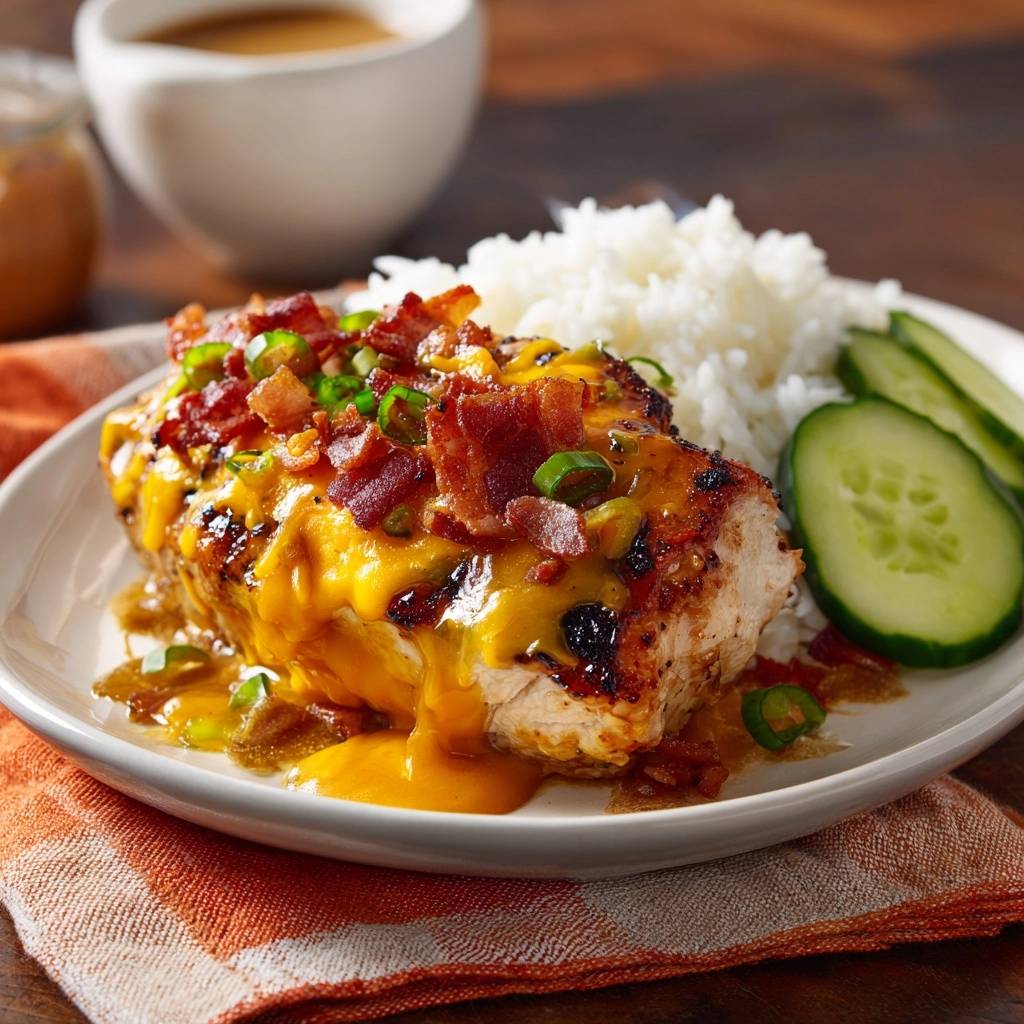 Saftiges Bacon Chedder Huhnchen Serviert 1 Saftiges Bacon-Cheddar-Hähnchen mit Jalapeños und Reis serviert auf einem weißen Teller, garniert mit knusprigem Speck.