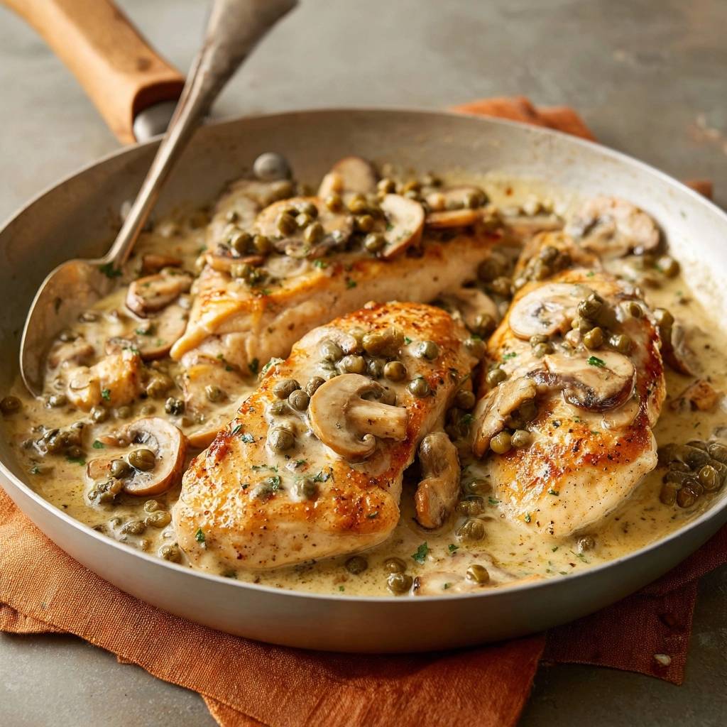 Saftiges Hähnchen mit Pilzen und Kapern in einer Pfanne mit cremiger Sauce, Nahaufnahme