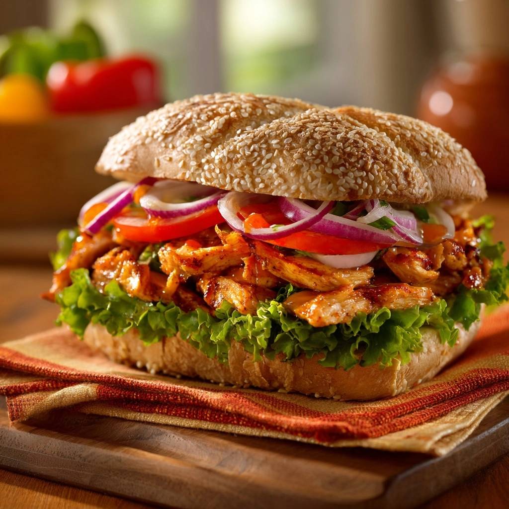 Saftiges Hähnchen-Gemüse-Sandwich in Nahaufnahme, gefüllt mit saftigem Hähnchen, frischem Gemüse und Sesambrötchen. Ein köstliches Mittagessen.