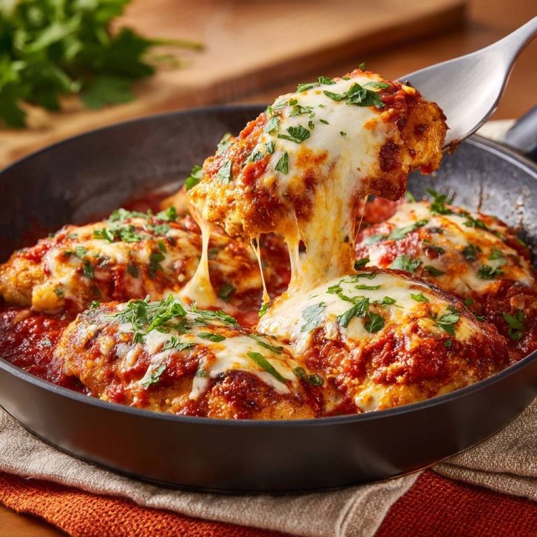 Saftiges Hähnchen Parmesan mit geschmolzenem Käse, der sich beim Anheben einer Portion in die Länge zieht. Ein herzhaftes Gericht zum Genießen.