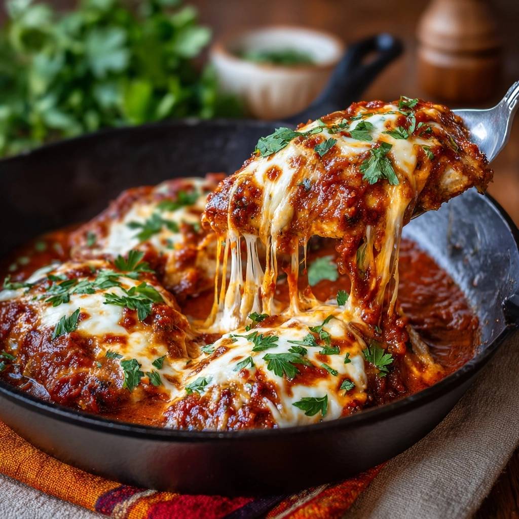Saftiges Hhnchen Parmesan Kse Zieht 1 Saftiges Hähnchen Parmesan mit geschmolzenem Käse, der sich beim Abheben vom Gericht köstlich zieht, und frischer Petersilie garniert.