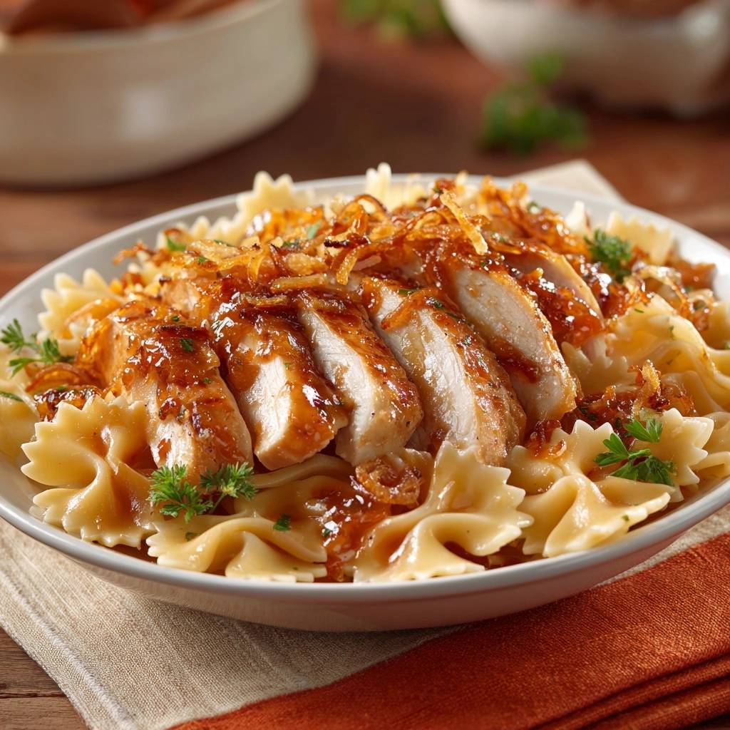 Saftiges Hähnchen-Farfalle mit Kokos-Knusper serviert in einer Schüssel, liebevoll angerichtet mit frischer Petersilie und knusprigen Kokosstreuseln.