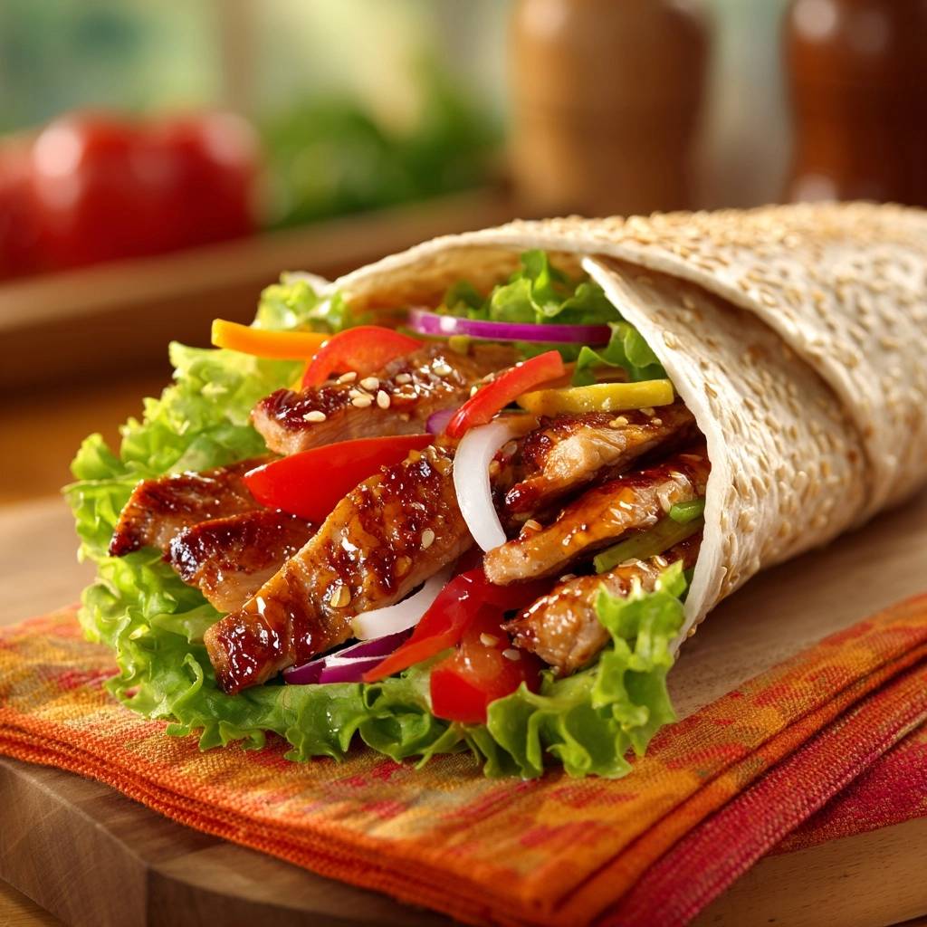 Saftiges Hähnchen-Gemüse-Sandwich in Nahaufnahme, gefüllt mit gegrilltem Hähnchen, frischem Gemüse und Sesam-Fladenbrot.