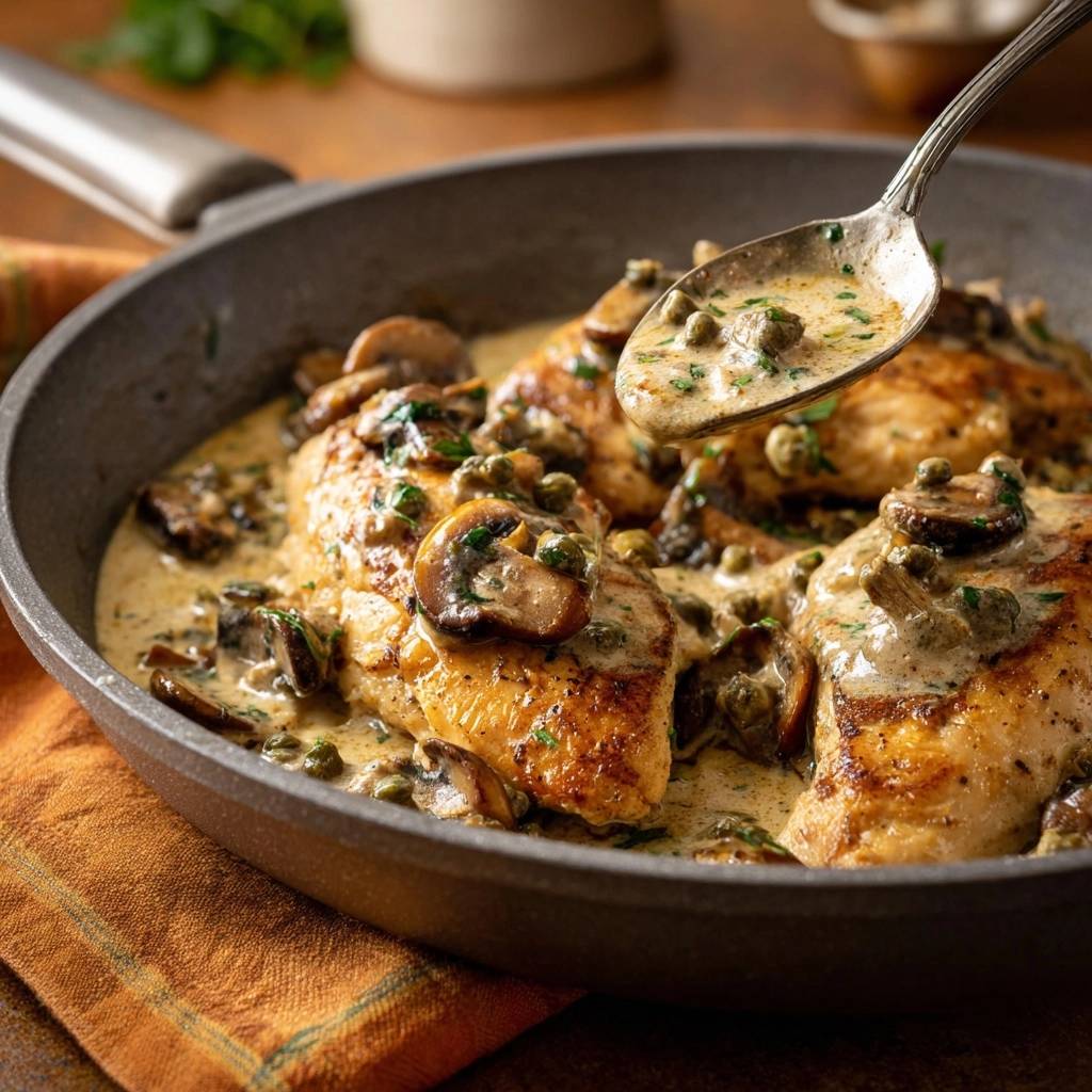 Saftiges Huhnchen Mit Pilzen Und Kapern Nahaufnahme 1 Saftiges Hähnchen mit Pilzen und Kapern in einer Pfanne, mit einem Löffel, der die cremige Soße zeigt.